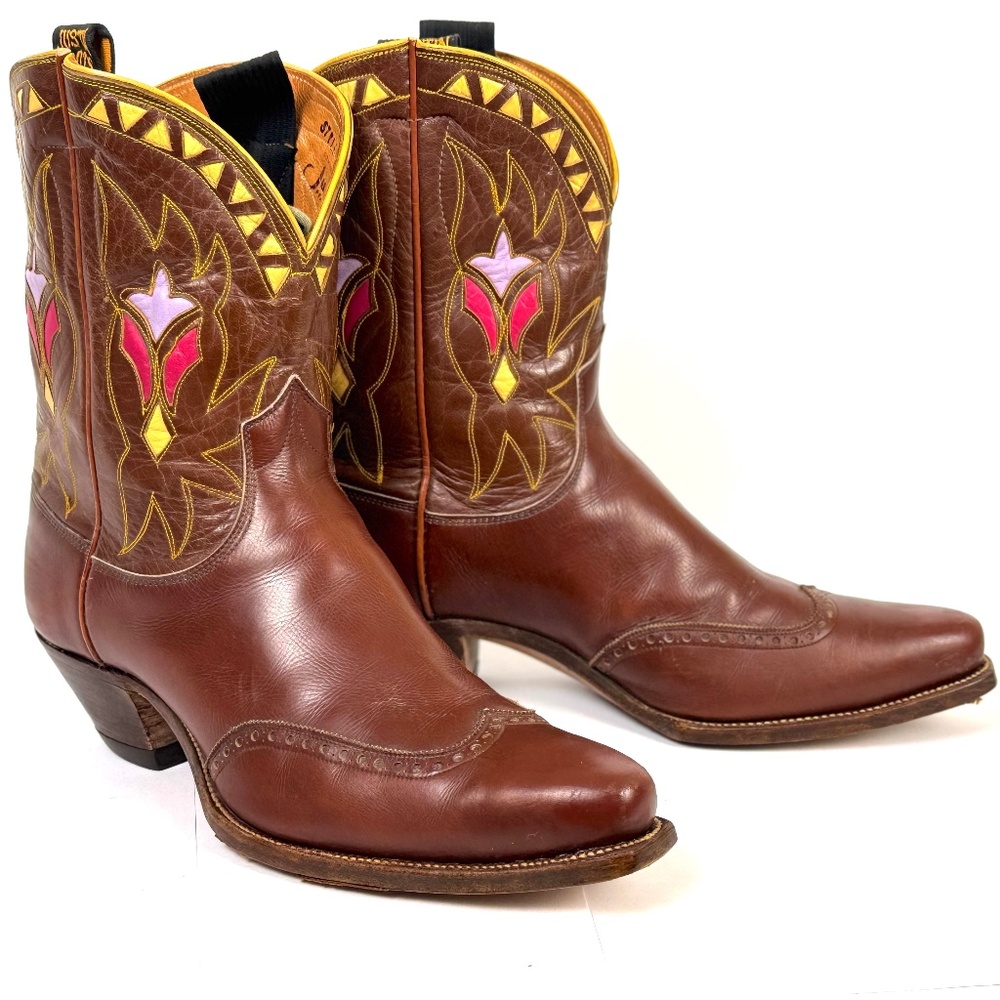 Justin Brown 50's Pee Wee Cowboy Boots - Mns Sz 10.5E or 10D Inlaid Cloth Pulls
